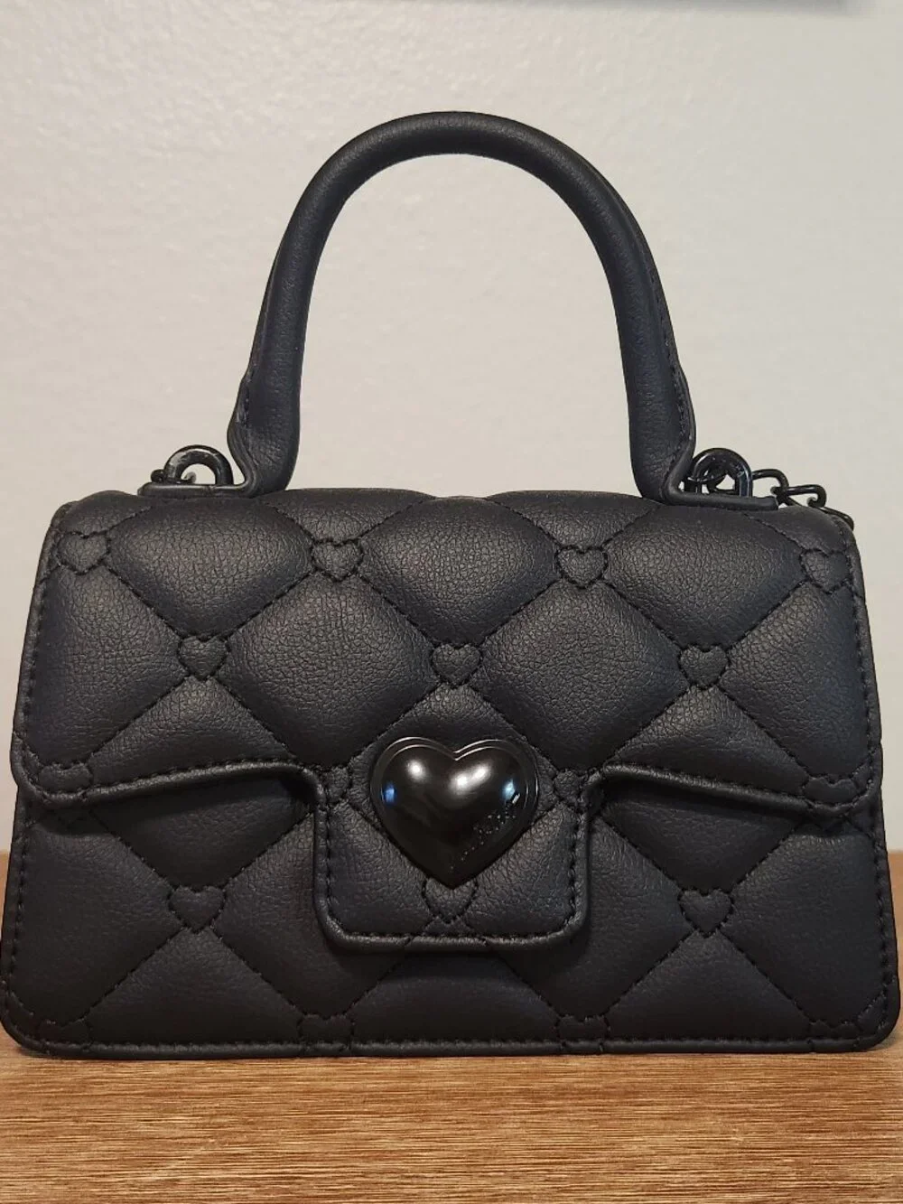 Betsey Johnson Black Mini Bag/Satchel Crossover Bag w/ quilted heart pattern